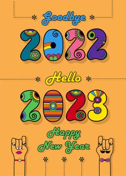 Retro 70's greeting card. Goodbye 2022. Hello 2023. Happy New Year. Disco colorful numbers with bright decor. Cartoon male and female hands looking at each other. Orange background.
