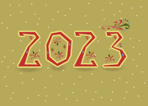 Number 2023. Red symbols with folk floral decor. Yellow-green background with snowfall. New year's greeting card