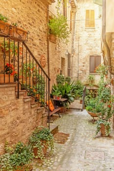 View of Italian stone houses in the village of Spello. Umbria. Italy. Umbria. Italy