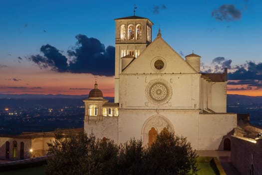 Basilica of St.Francis in Assisi at sunset. Umbria. Italy