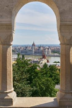 View of the Parliament in Budapest's Pest district from the Fishermen's Bastion on the other side of the Danube River