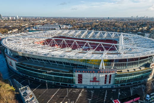 Emirates Stadium - home of Arsenal London soccer club - aerial view - LONDON, UNITED KINGDOM - DECEMBER 20, 2022