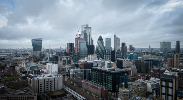 Amazing aerial view over the City of London with its iconic buildings - LONDON, UNITED KINGDOM - DECEMBER 20, 2022