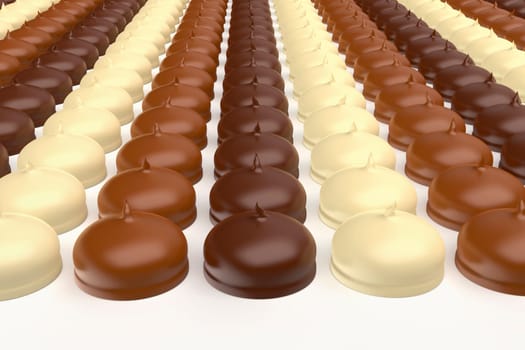Many rows with different chocolate coated marshmallows