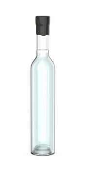Tall glass bottle with transparent liquid inside and sealed with wax. This bottle can be used for vodka, gin or other alcoholic beverages.