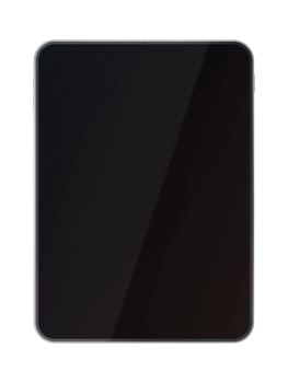Modern tablet with blank display on white background, front view