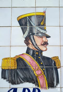 La Albuera, Spain - Jun 12th, 2021: Tile mural depicting soldiers of the four armies involved in the Battle of La Albuera, 1811. Badajoz, Spain. Erected in 1991 and designed by Julio Cienfuegos