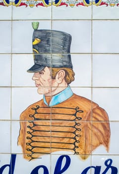 La Albuera, Spain - Jun 12th, 2021: Tile mural depicting soldiers of the four armies involved in the Battle of La Albuera, 1811. Badajoz, Spain. Erected in 1991 and designed by Julio Cienfuegos