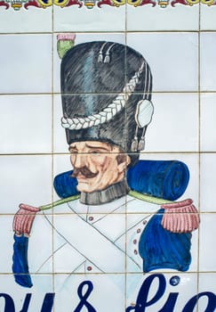 La Albuera, Spain - Jun 12th, 2021: Tile mural depicting soldiers of the four armies involved in the Battle of La Albuera, 1811. Badajoz, Spain. Erected in 1991 and designed by Julio Cienfuegos
