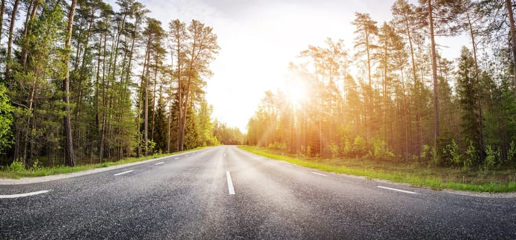 Beautiful background of the asphalt road in spring. Concept of family vacation and trip.