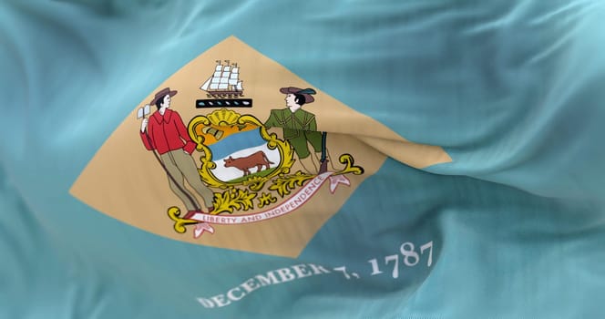 Close-up view of the Delaware state flag waving. Delaware is a state in the Mid-Atlantic region of the United States. Rippled Fabric. Textured background. Selective focus. Realistic 3d illustration