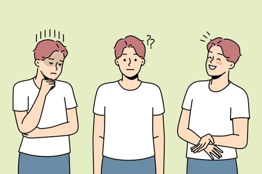 Young man showing different emotions. Millennial male feel emotional demonstrate various facial expression. Vector illustration.