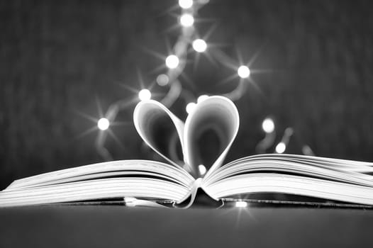opened buck with sides that are beaten to the heart. Light spot by fairy lights in background with soft bokeh. Love novel for romance.