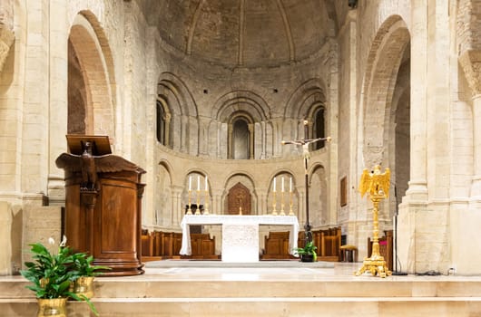 Ventimiglia - Italy - Interior of Romanic catholic cathedral with altar, 11th century