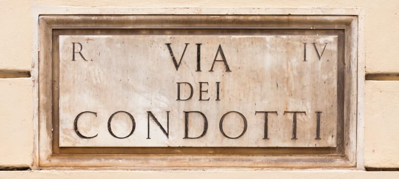 Rome, Italy. Street plate of the famous Condotti Road - Via dei Condotti - center of the Roman luxury shopping