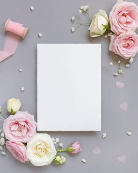 Paper card between light pink roses and silk ribbons on grey top view, wedding mockup. Romantic scene with blank vertical card and pastel flowers flat lay.. Valentines, Spring or Mothers day concept