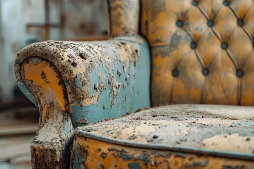 Old torn leather chair. Distressed, dirty, vintage, torn and worn chair close-up.