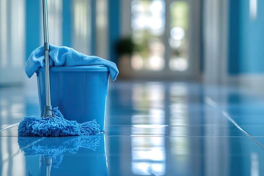 Cleaning. Mop, rag and bucket on a clean floor. Cleanliness maintenance concept.