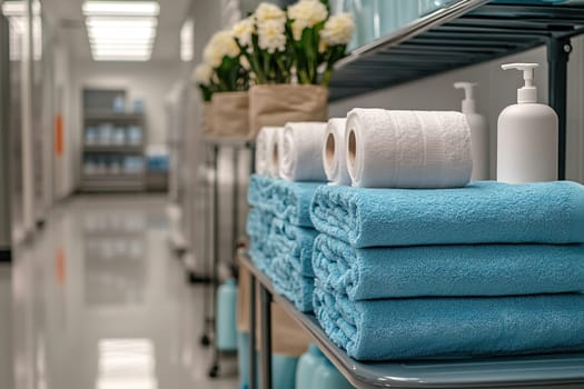 A maid's cart with clean, neatly folded towels and bottles of room cleaning product. Hotel cleaning.