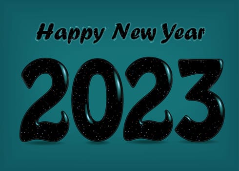 Happy New Year 2023. Black number and letters with blurs and sparkls. Green background. Gothic Greeting Card.