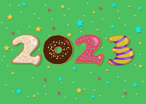 Sweets as Numerals. Colorful Donuts Number 2023. Green background with confetti.