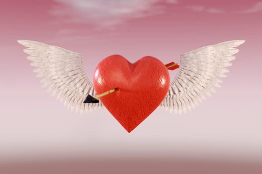 3D Illustration , 3d rendering . Valentines Day heart with wings . concept of marriage proposal, Valentine's Day, basis for designer, love and hope