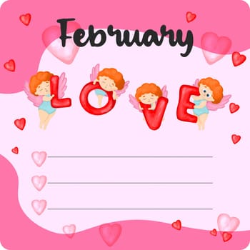 February monthly planner, weekly planner, habit tracker template and example. Template for agenda, schedule, planners, checklists, bullet journal, notebook and other stationery. Valentines Day theme.
