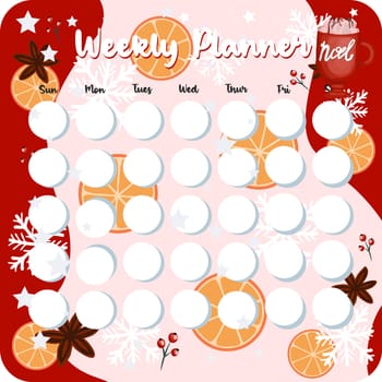 January monthly planner, weekly planner, habit tracker template and example. Template for agenda, schedule, planners, checklists, bullet journal, notebook and other stationery. Christmas cocoa theme.