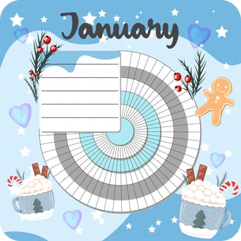 January monthly planner, weekly planner, habit tracker template and example. Template for agenda, schedule, planners, checklists, bullet journal, notebook and other stationery. Christmas cocoa theme.