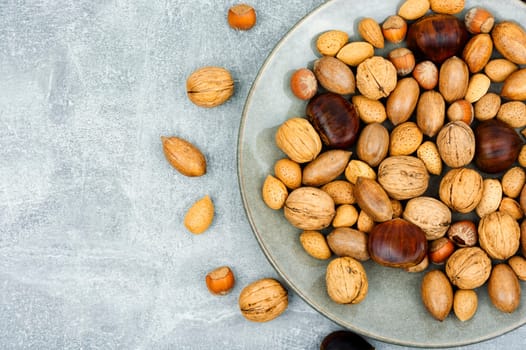 Walnut, chestnut, almond and hazelnut on the table.Healthy vegetarian snacks