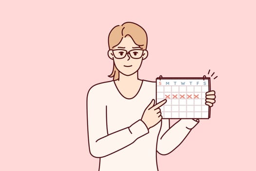 Young woman points finger at calendar with marks recommending time management or paying attention to date. Girl secretary in glasses announces important upcoming event. Flat vector illustration
