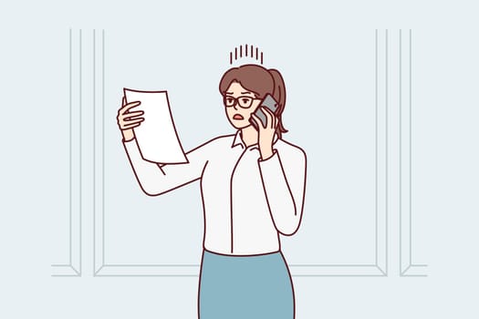 Discouraged woman with phone reading document and nervous about telling interlocutor about problems have arisen. Shocked businesswoman reading court notice or letter from partners. Flat vector image