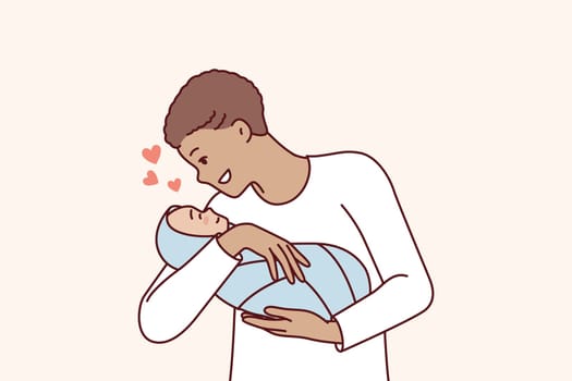 Loving man holds baby in arms and smiles enjoy communication with own son. Young positive father with short hair is happy to see newborn tot wrapped in blanket. Flat vector illustration