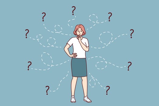 Thoughtful woman solves difficult business problem and scratches chin standing among question marks. Smart girl is brainstorming alone thinking about place for education or career. Flat vector image