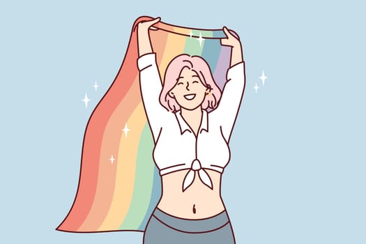 Happy woman waving rainbow flag while speaking at event for LGBT and sexual minorities. Tolerant positive girl participant of PRIDE activists parade smiles showing civic position. Flat vector image