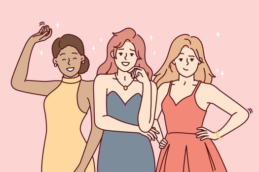 Women in evening dresses posing before going to festive event or party for company employees. Beautiful female friends or models are standing in fashionable clothes and smiling. Flat vector design