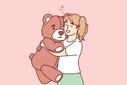 Little girl hugs big favorite soft toy and smiles feeling affection. Happy preschool child holding plush bear rejoicing at cool gift from parents or relatives. Flat vector illustration