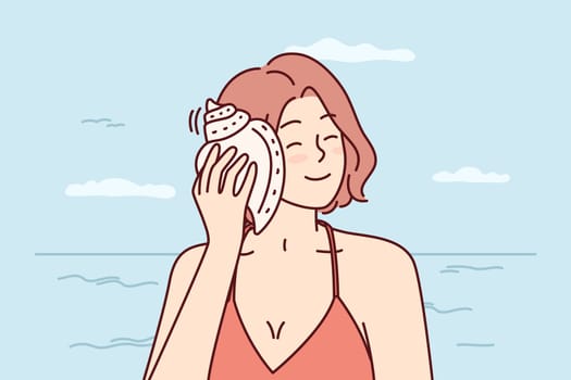 Happy woman listens to sound of sea putting shell to ear and closing eyes dreams of future. Smiling tourist girl stands on beach of sunny resort and enjoys summer vacation on ocean. Flat vector image
