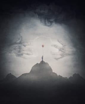 Spooky scene with a lone boy holding a red balloon on top of a mountain facing a mysterious creature with giant scary hands coming out of the fog. Fantasy adventure and thrill background