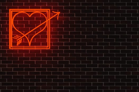 Red glowing neon light Heart with Armors arrow on a brick wall with space for your text, image or product, Happy Valentines Day concept