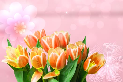 Happy Valentines Day greeting card. Decorative bouquet of tulips over abstract pink background. Concept of holidays, postcard, Mothers Day, Banner and 8 March. Space.