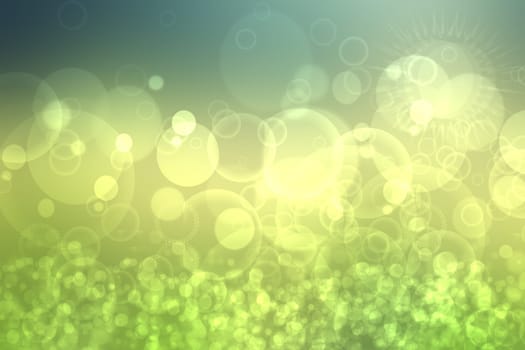 Abstract bright spring or summer landscape texture with natural green bokeh lights and yellow circular lights with sunshine and sun rays. Beautiful autumn background with copy space.