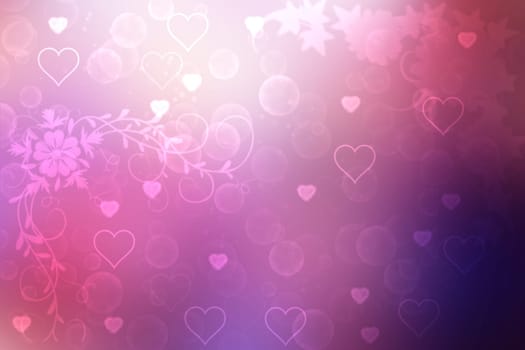 Abstract festive blur blue pink background with pink hearts love bokeh and flower for wedding card or Valentines day.  Romantic textured backdrop with space for your design. Card concept.