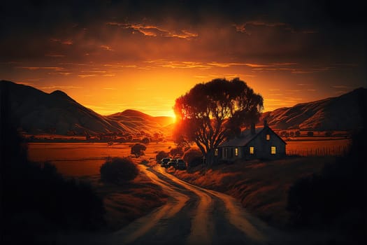 A warm sunset above a dark rural environment.