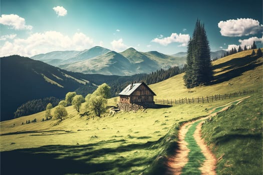 beautiful countryside of romania. sunny afternoon. wonderful springtime landscape in mountains. grassy field and rolling hills. rural scenery.