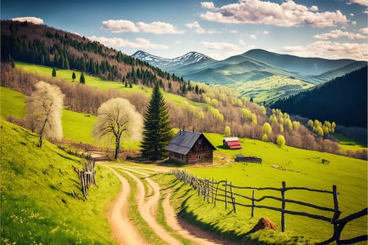 beautiful countryside of romania. sunny afternoon. wonderful springtime landscape in mountains. grassy field and rolling hills. rural scenery.