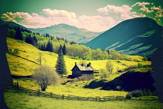 beautiful countryside of romania. sunny afternoon. wonderful springtime landscape in mountains. grassy field and rolling hills. rural scenery.