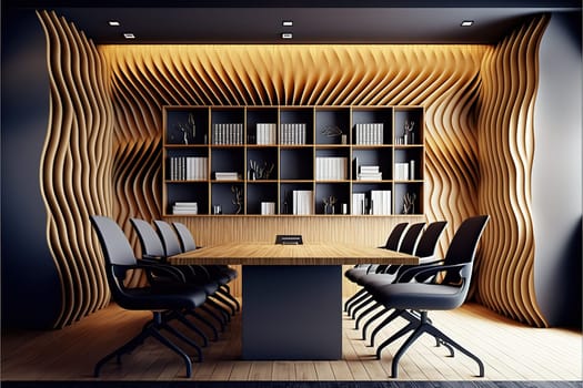 Boardroom interior with wave pattern wall, wooden floor, long table with chairs and rows of shelves with folders in them. Front view.