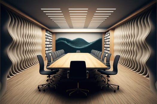 Boardroom interior with wave pattern wall, wooden floor, long table with chairs and rows of shelves with folders in them. Front view.