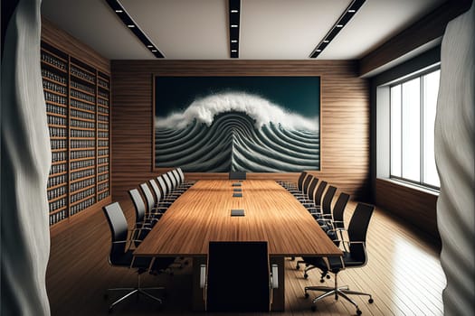 Boardroom interior with wave pattern wall, wooden floor, long table with chairs and rows of shelves with folders in them. Front view.